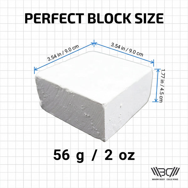 Block chalk measurement chart for a 'Perfect Block Size' with dimensions and weight on a grid background - Warm Body Cold Mind