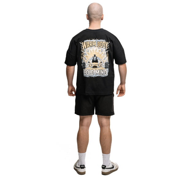 Cotton black T-Shirt Lift Off on lifter (back view) – Warm Body Cold Mind