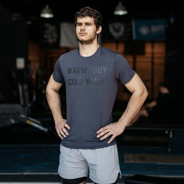 Man wearing a gray Soft Stretch Cotton T-Shirt - Warm Body Cold Mind