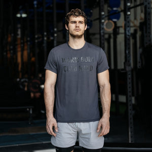 Man wearing a gray Soft Stretch Cotton T-Shirt - Warm Body Cold Mind