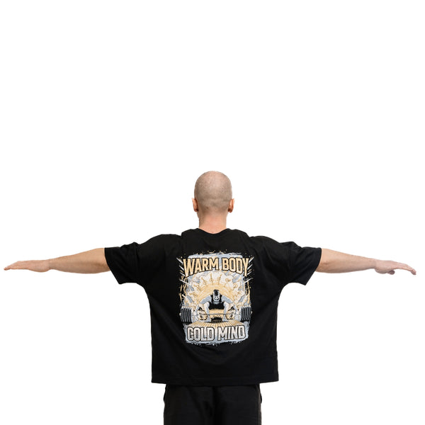 Cotton black T-Shirt Lift Off on lifter (back view, arms raised at shoulder level) – Warm Body Cold Mind