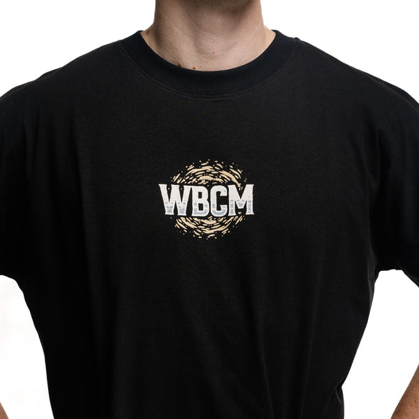 Cotton black T-Shirt Lift Off on lifter (front view, logo WBCM close up) – Warm Body Cold Mind