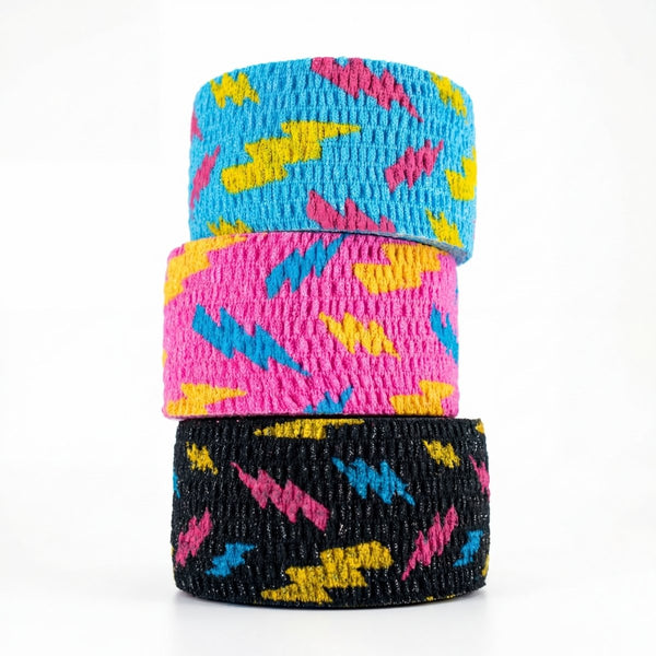 1,5″ Color Mix (Black, Blue, Pink) Narrow Weightlifting thumb Tapes with Flash design (3 Rolls) - Warm Body Cold Mind