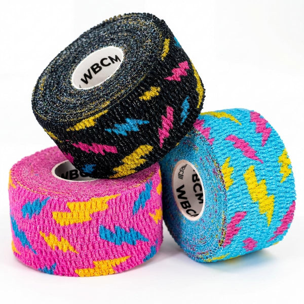 1,5″ Color Mix (Black, Blue, Pink) Narrow Weightlifting thumb Tapes with Flash design (3 Rolls) - Warm Body Cold Mind