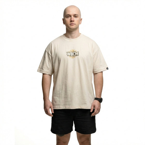 Cotton beige T-Shirt Lift Off on lifter (front view) - Warm Body Cold Mind