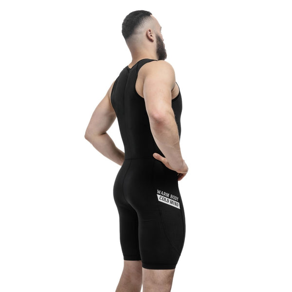 Black WEIGHTLIFTING COMPRESSION SINGLET S-4 on athlete (side view) – Warm Body Cold Mind