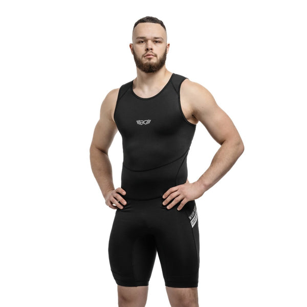 Black WEIGHTLIFTING COMPRESSION SINGLET S-4 on athlete (front view) – Warm Body Cold Mind