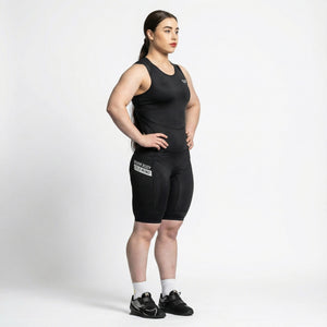 Person wearing a WOMEN'S WEIGHTLIFTING COMPRESSION SINGLET S-4 on a white background  - Warm Body Cold Mind