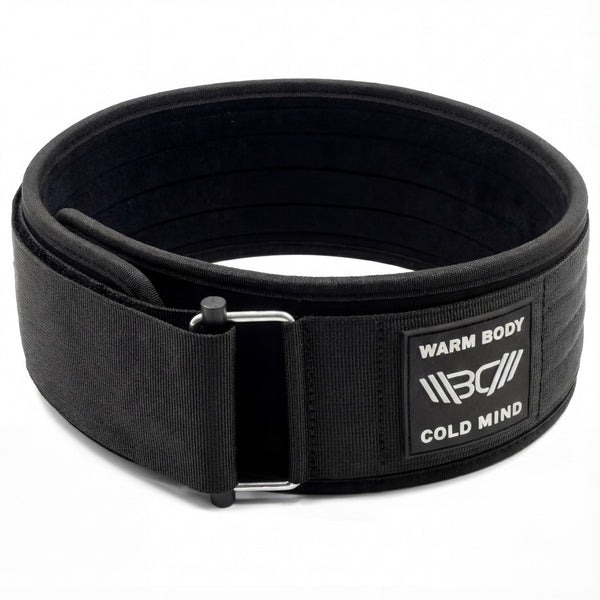 Black 4″ weightlifting Nylon Belt 2.0 with WBCM logo on a white background - Warm Body Cold Mind