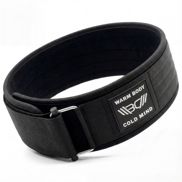 Black 4″ weightlifting Nylon Belt 2.0 with WBCM logo on a white background - Warm Body Cold Mind