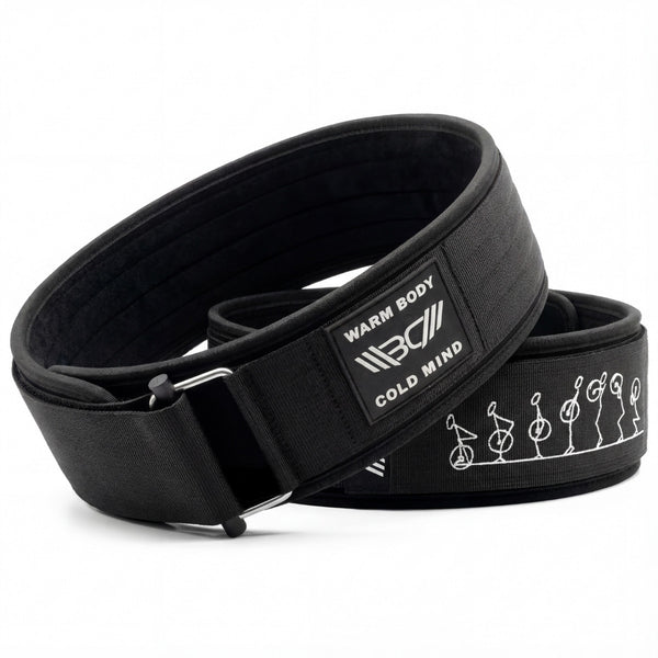 Black 4″ weightlifting Nylon Belt 2.0 with WBCM logo on a white background - Warm Body Cold Mind