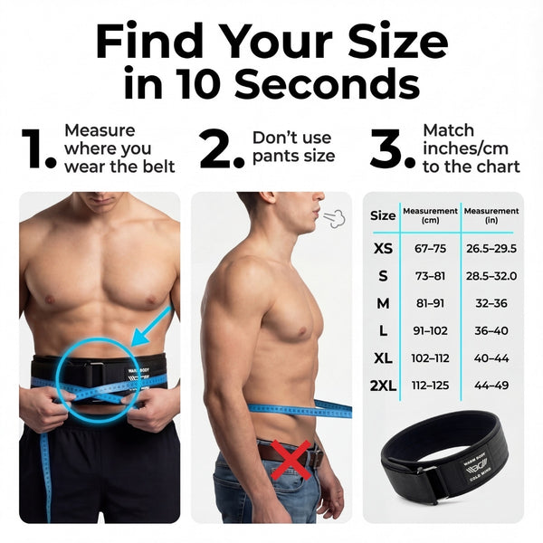 Instructions for finding Black 4″ weightlifting Nylon Belt 2.0 size with measurements and chart on a white background - Warm Body Cold Mind