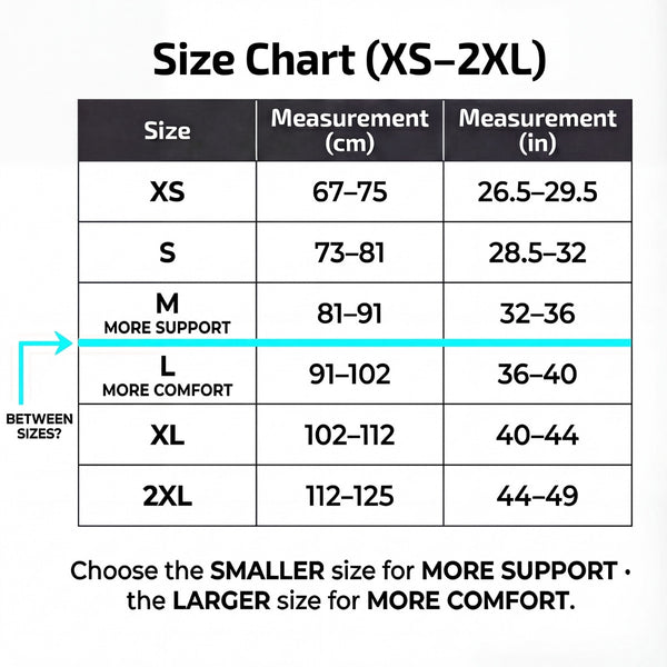 Size chart for Black 4″ weightlifting Nylon Belt 2.0 measurements in centimeters and inches, with a focus on support and comfort  - Warm Body Cold Mind