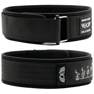 Black 4″ weightlifting Nylon Belt 2.0 with WBCM logo on a white background - Warm Body Cold Mind